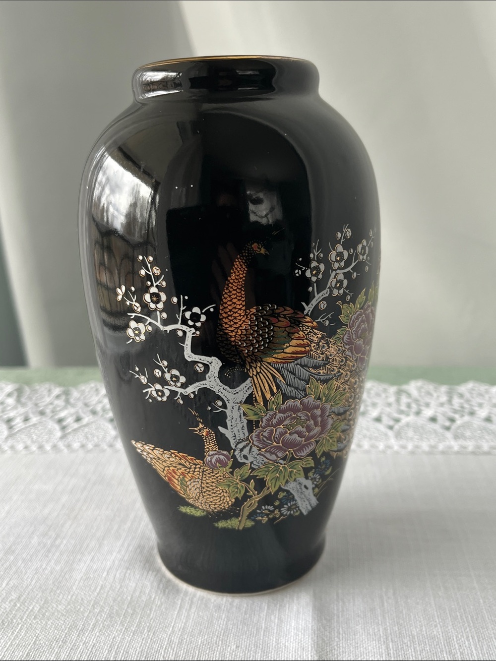 Vintage Japanese Black Porcelain Peacock & Peony Vase – Gilded Chokin Style – 6”